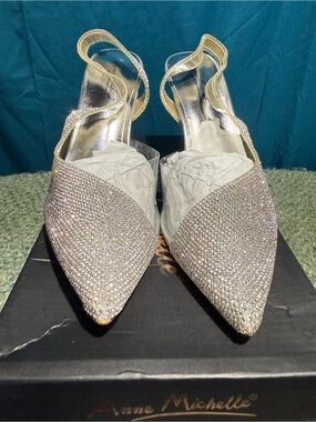 Anne Michelle Silver Crystal Pointed Slingback Flats